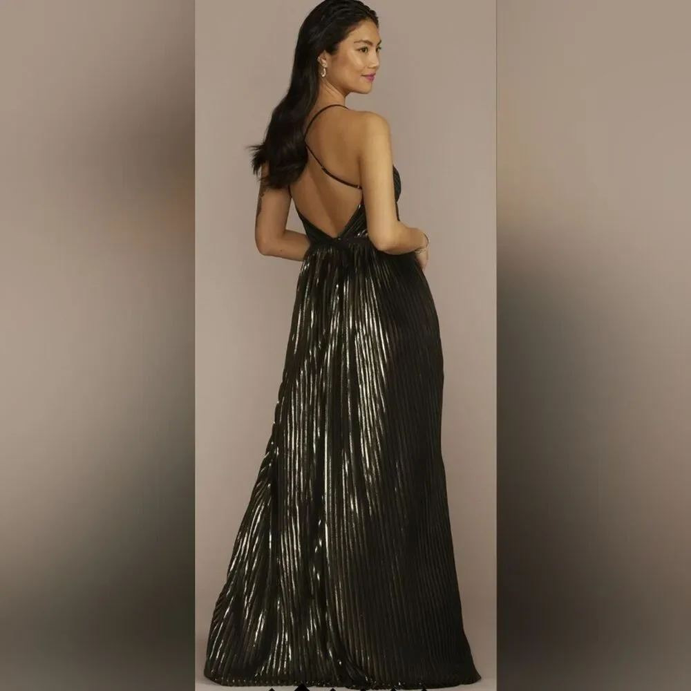 Galina Signature Sz 4 Metallic pleated a-line/slit bridesmaid formal dress prom